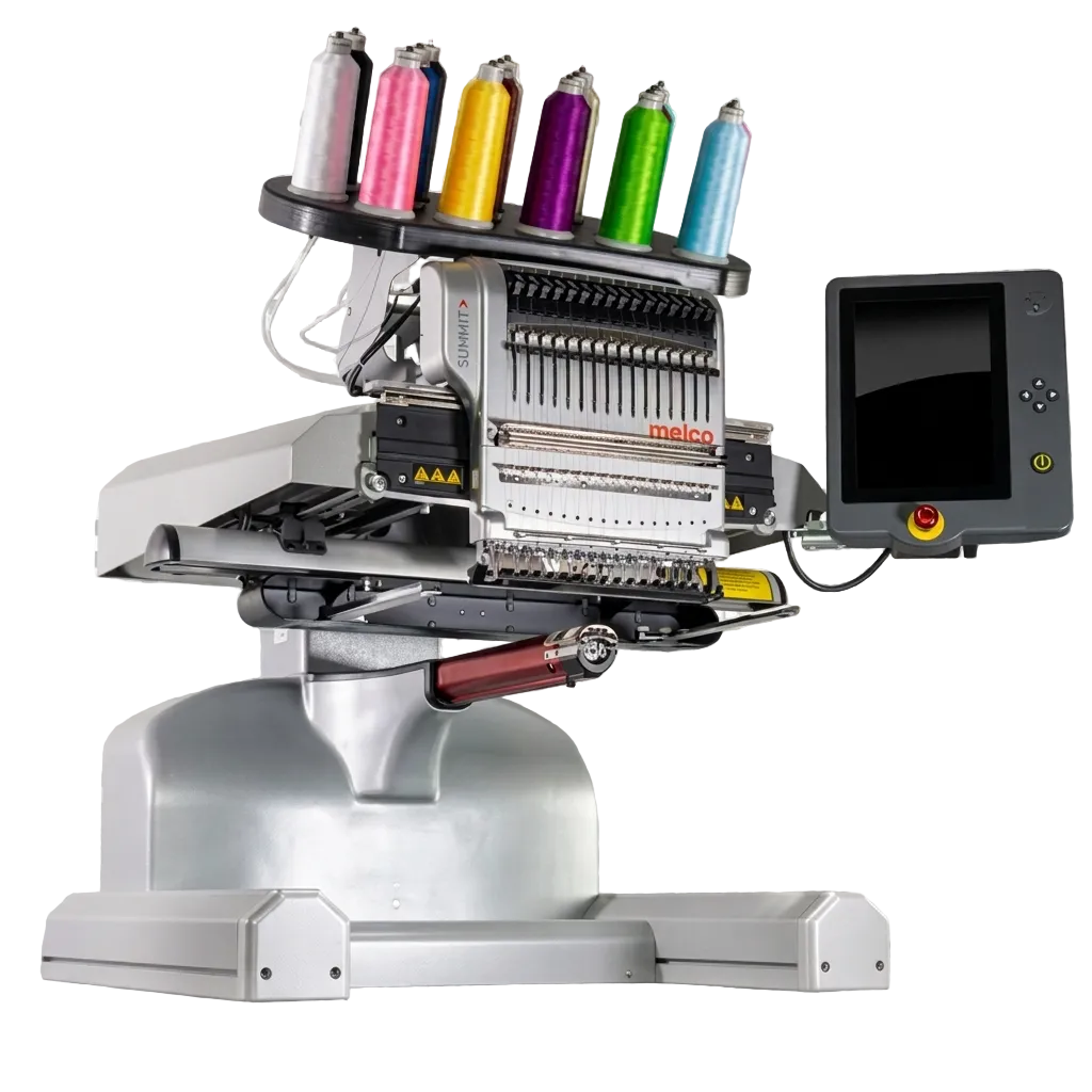 A Melco commercial embroidery machine with a silver and gray metal body, a digital control screen, and multiple colorful thread spools on a stand, shown against a gray and white checkered background.